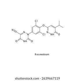 Resmetirom chemical structure skeletal formula. Thyroid hormone receptor-β agonist drug used to treat Non-alcoholic steatohepatitis (NASH), dyslipidemia. Simple schematic illustration.