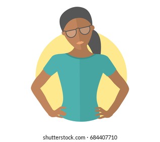 Resolute black pretty girl in glasses. Lets do it concept. Flat design icon. Decisive woman with arms akimbo. Simply editable isolated vector illustration