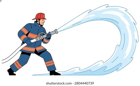 Resolute firefighter in protective uniform directs a powerful stream of water from a fire hose during an intense fire suppression operation.