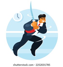 Resolute and unswerving businessman holding katana sword, ready to fight, for business challenge design. Business concept. Vector graphics