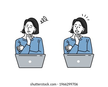 resolution, Confused woman thinking together. People with question marks vector illustration. woman with question, thinking guy, laptop