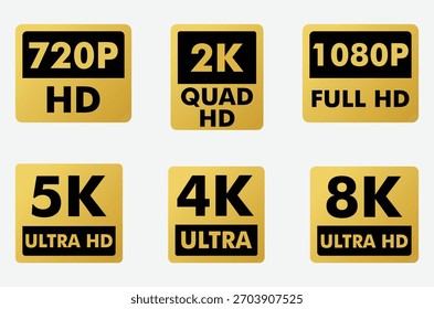 Auflösungsanzeige 720p 2k 1080p 5k 4k und 8k in goldenen Etiketten.