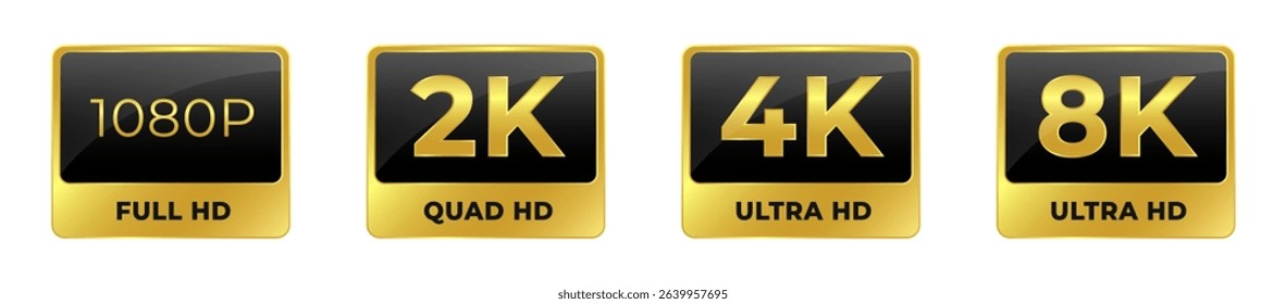 Resolution format icons. Video quality settings 2k, 4k vector icon set.