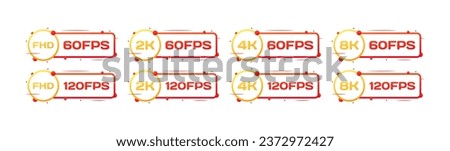 Resolution and fps icons. Flat, red, 60 or 120 fps icons, Full HD, 2K, 4K resolutions, resolutions and fps. Vector icons