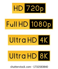Resolution Icon Set (720p, 1080p, 4K, 8K). Vector illustration.