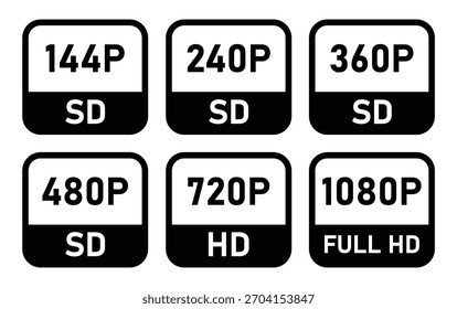 Conjunto de ícones de resolução de padrões de qualidade de exibição de vídeo de 480p a 8K. Ícones de resolução de tela definidos com rótulos de qualidade de vídeo.