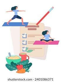 Lista de resolución con marcas de verificación e ilustración del vector de lápiz. Mujer haciendo ejercicios, practicando yoga, comiendo comida saludable. Salud, bienestar, concepto de resolución de Año Nuevo