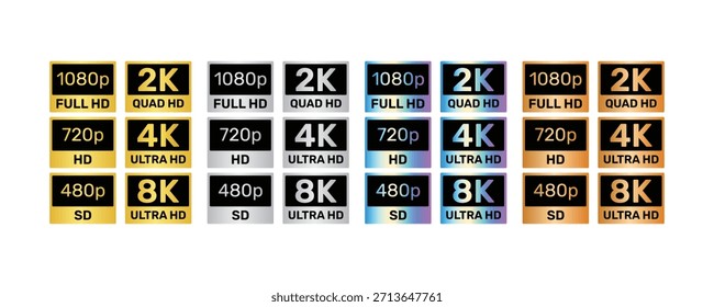 Conjunto de Emblemas Padrão de Resolução: 480p SD, 720p HD, 1080p Full HD, 2K, 4K, 8K Ícones em quatro estilos metálicos e holográficos