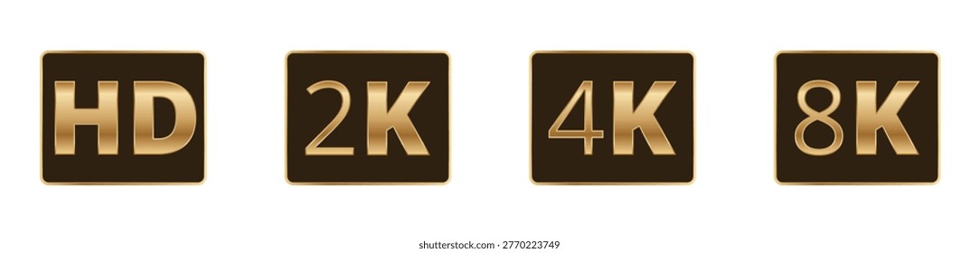 Resolution standards: hd, 2k, 4k, and 8k on brown icons.