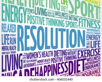 RESOLUTION word cloud, fitness, sport, health concept