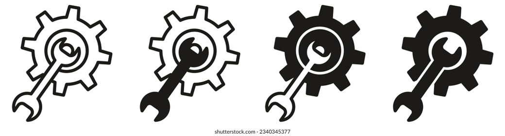 Resolve symbol icon set collection. Gear with wrench sign. Setting of mechanical workshop showing work in progress in business. Transmission of wheel machine. Repair or setup in engineering industry