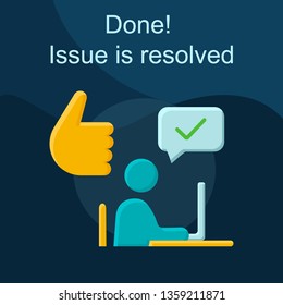Resolved issue flat concept vector icon. Get help idea cartoon color illustrations set. Resolve problem. Client helpdesk. Customer support service. Online assistance. Isolated graphic design element