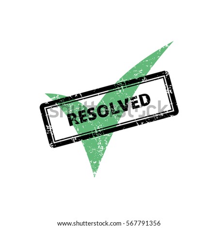 Resolved Rubber Stamp with green tick icon. Grungy look. Isolated on white Background.