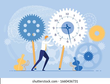 Resolving Cases that Need to Proceed Immediately. Learning and Understanding your Current Time Management Habits. Guy in Suit is Spinning Gears with all his Might. Vector Illustration.