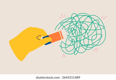 Resolving complex problems, erasing negative thoughts. Hand holding eraser delete messy lines. Colorful vector illustration