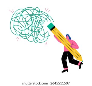 Resolving complex problems, erasing negative thoughts. Business woman delete messy lines. Flat vector illustration isolated on white background