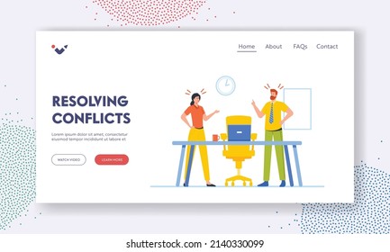 Resolving Conflict Landing Page Template. Business Man And Woman Characters Opponents Arguing And Staring At Each Other In Office. Colleagues Worker Employees Fight. Cartoon People Vector Illustration