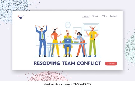 Resolving Team Conflict Landing Page Template. Business Men And Women Enemies Or Opponents Arguing And Staring Each Other In Office. Quarrel At Work Between Colleagues. Cartoon Vector Illustration