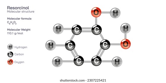 resorcinol molecular structure formula. Periodic table structural molecular formula Vector design. Pharmaceutical compounds and composition. Easily printable product with correct CPK colour.