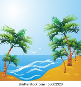 Resort. Beach with palm trees on the beach. Vector illustration.