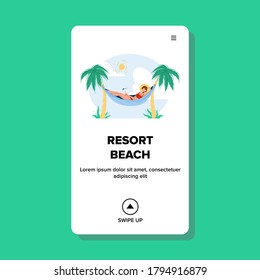 Resort Beach Woman Relaxation On Hammock Vector. Young Girl Hold Exotic Cocktail Drink Glass And Lying In Hammock Between Palm Trees. Character Hot Summer Day Resting Web Flat Cartoon Illustration