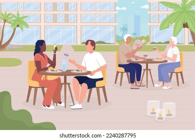 Resort cafe flat color vector illustration. Summer vacation. Enjoy time together. Couple activity. Travel and entertainment. Fully editable 2D simple cartoon characters with cityscape on background