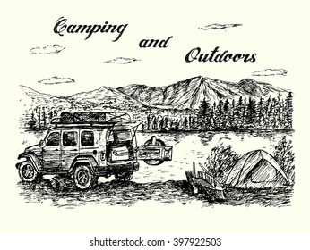 Resort camp scene with mountain lake,tent,canoe,off road car and nature background, sketch style,hand drawn,vector,illustration. 