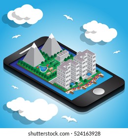 Resort in the cell phone screen. Isometric. Vector illustration.