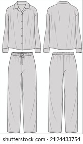 RESORT COLLAR LONG SLEEVES TOP WITH STRAIGHT LEG BOTTOM MATCHING PYJAMA SET FOR WOMEN IN EDITABLE VECTOR FILE