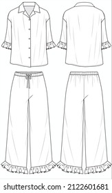 RESORT COLLAR PAJAMA SET WITH FRILLS FOR WOMEN AND TEEN GIRLS IN EDITABLE VECTOR FILE