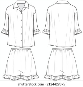 RESORT COLLAR PAJAMA SET WITH FRILLS SHORTS FOR WOMEN AND TEEN GIRLS IN EDITABLE VECTOR FILE