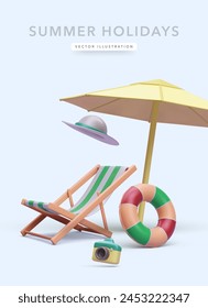 Póster de concepto de resort en estilo realista 3d con silla, sombrero, cámara, salvavidas, paraguas. Ilustración vectorial