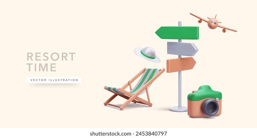 Póster de concepto de resort en estilo realista 3d con silla, sombrero, cámara, avión, puntero. Ilustración vectorial