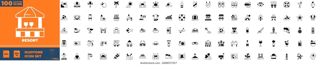 Resort Duotone Editable Icons set. Vector illustration in modern thin duotone style of resort icons: Airport, tickets, tour, relax, hotel, etc