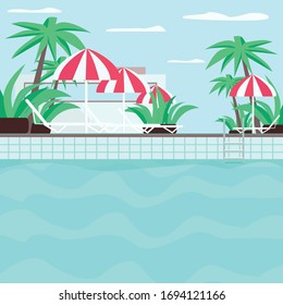 Resort flat color vector illustration. Loungers for summer recreation. Striped parasols. Seaside party place. Private pool 2D cartoon landscape with loungers and umbrellas on background