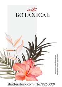  Resort flower arrangement, botanical vacation motif composition, floral bouquet with Rosemallows. Hibiscus, palm leaves, exotic bloom card, nature poster. Realistic Vector.