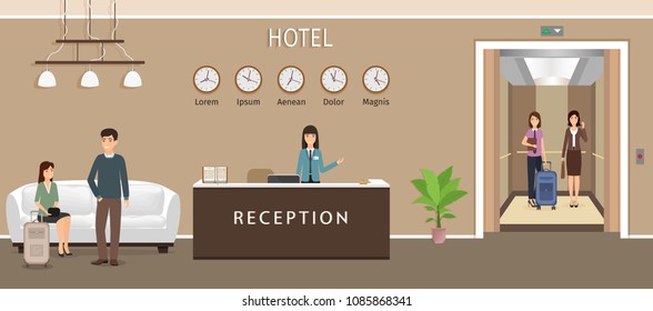 Resort hall interior design with woman employee, guests and elevator. Hotel reception counter with receptionist.