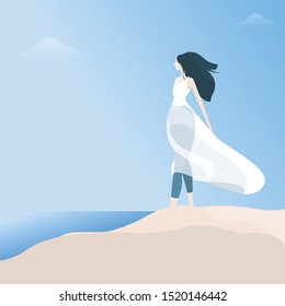 Resort holidays scene. Young woman wearing summer dress and walking on the beach. Sea background Vector illustration