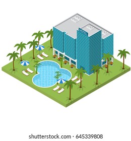 Resort Hotel Building Isometric View Travel or Vacation Architecture Modern Exterior Facade for Web. Vector illustration