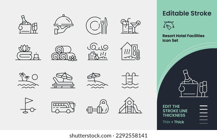 Resort Hotel Facilities Icon collection containing 16 editable stroke icons. Perfect for logos, stats and infographics. Change the thickness of the line in any vector capable app.