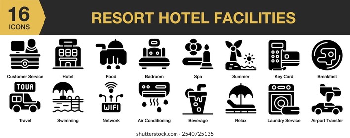 Resort Hotel Instalações ícone sólido conjunto. Inclui ar condicionado, quarto, bebida, café da manhã, comida e muito mais. Coleção vetorial de ícones sólidos.