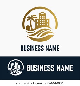 Resort, Hotel, House Apartment, Reisen und Urlaub, Immobilien Logo Idea Vector. Beach Resort mit Ozeanwelle und Palme für Urlaub Business Logo-Vorlage