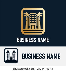 Resort, Hotel, Apartamento, Viagens e Férias, Ideia de Logotipo Imobiliário Vetor. Beach Resort com Onda Oceânica e Palm Tree para férias Business Logo Template