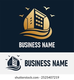 Resort, Hotel, House Apartment, Travel and Holiday, Real Estate Logo Idea Vector. Beach Resort with Ocean Wave and Palm Tree for Vacation Business Logo Template