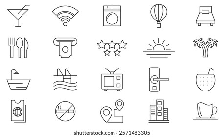 Resort Hotel line icon set. passport, suitcase, airplane, hotel, map, globe, compass, backpack, hotel building, room key, check-in counter, reception line icon set. Ui thin line icon pack.