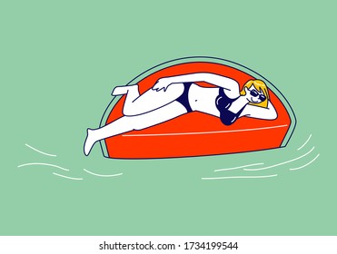 Resort, Hotel Relax in Swimming Pool. Female Character in Bikini Enjoying Summer Time Vacation Floating on Inflatable Mattress in Shape of Watermelon Piece in Ocean or Sea. Linear Vector Illustration