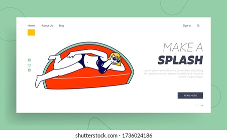 Resort, Hotel Relax in Swimming Pool Landing Page Template. Female Character in Bikini Enjoying Summer Time Vacation Floating on Inflatable Mattress in Shape of Watermelon. Linear Vector Illustration