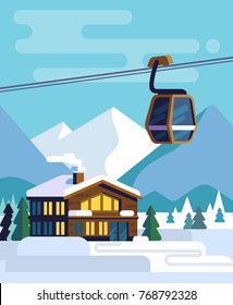 Resort with hotel with a ski lift. Vector flat