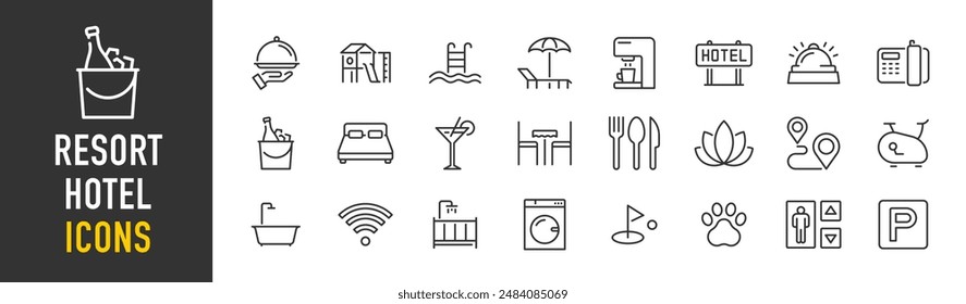 Resort Hotel web icons in line style. Wellness, beach, tourism, hotel, passport, maps, spa, landscape, camera. Icon collection. Vector illustration.