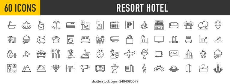 Resort Hotel web icons in line style. Wellness, beach, tourism, hotel, passport, maps, spa, landscape, camera. Icon collection. Vector illustration.